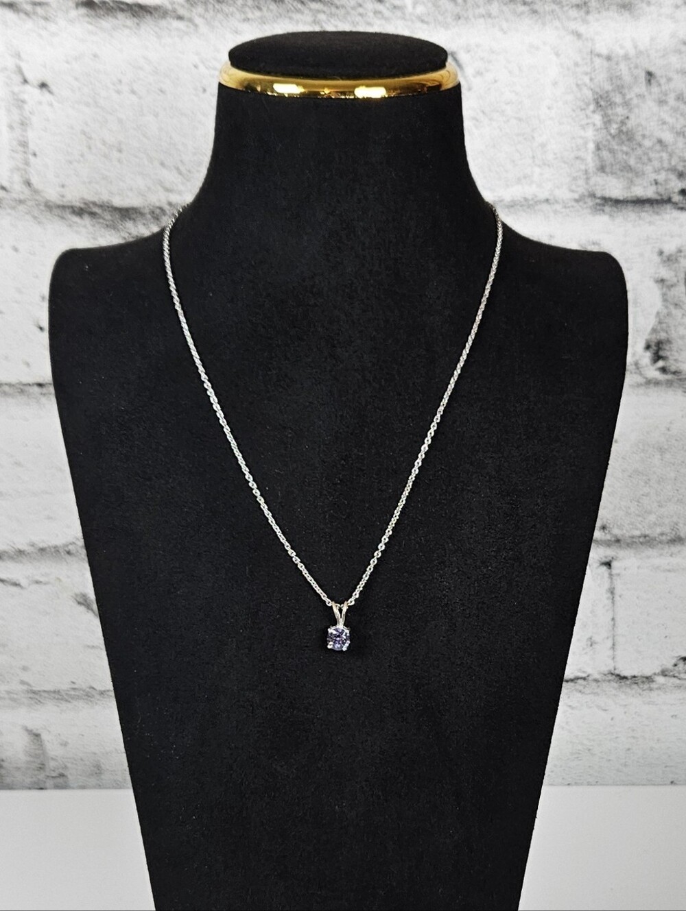 Purple Rhinestone Solitaire Pendant Silver Tone Chain Necklace